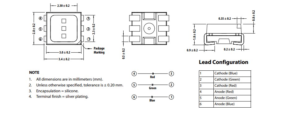 Mechanical Drawing - Broadcom ASMT-YTx2 PLCC RGB LEDs
