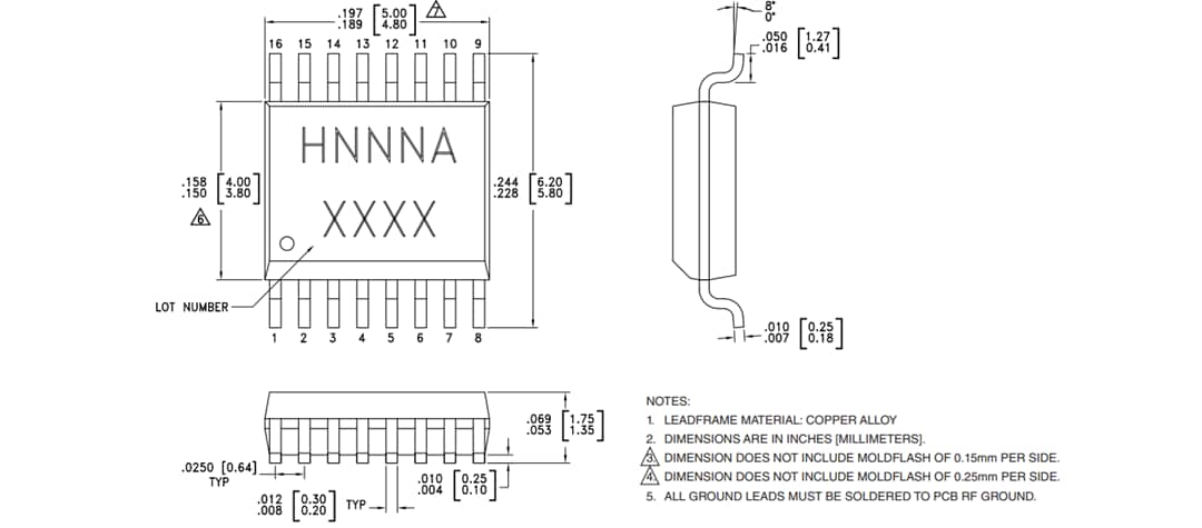 Mechanical Drawing - Analog Devices Inc. HMC241AQS16 SP4T Non-Reflective Switch