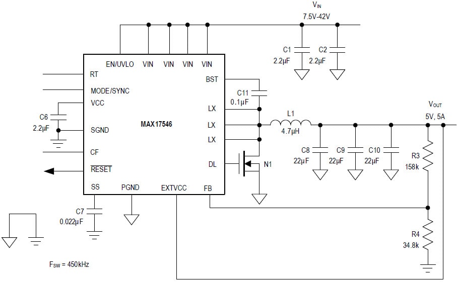 Application Circuit Diagram - Analog Devices / Maxim Integrated MAX17536 & MAX17546 Step-Down DC-DC Converters