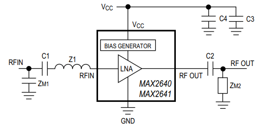 Application Circuit Diagram - Analog Devices / Maxim Integrated MAX2640/MAX2641 SiGe Ultra-Low-Noise Amplifiers