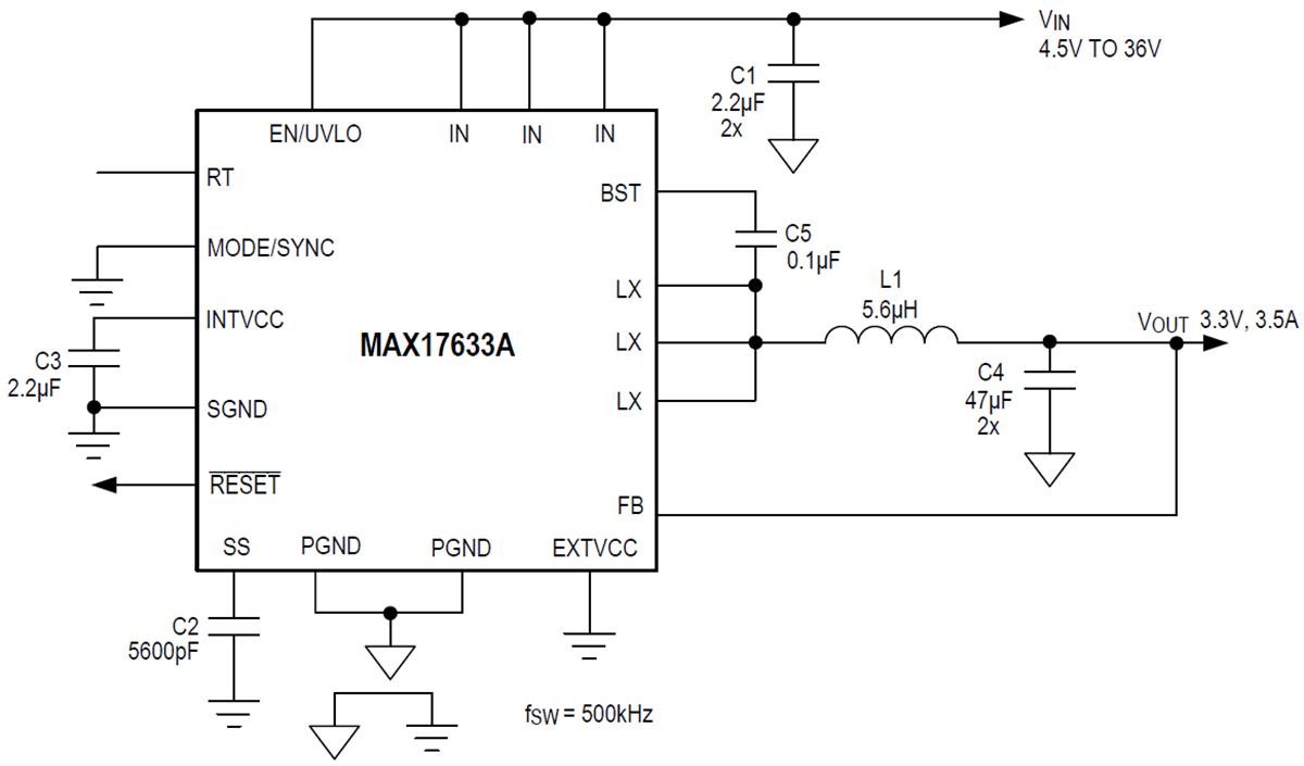 Application Circuit Diagram - Analog Devices / Maxim Integrated MAX17633 Synchronous Step-Down DC-DC Converters