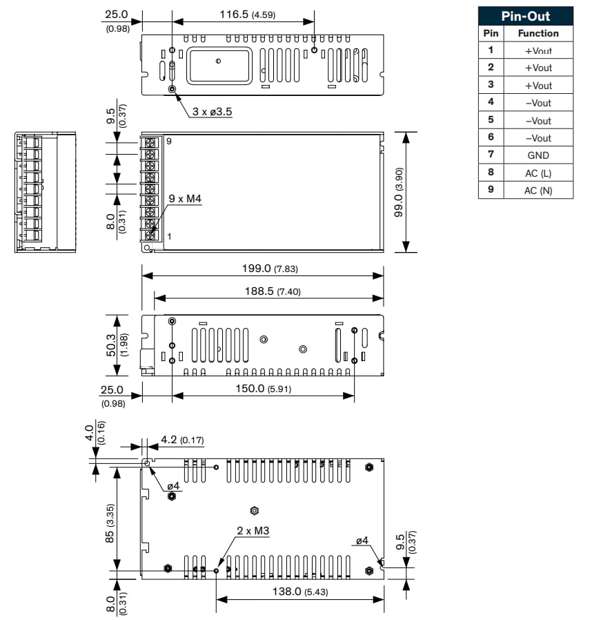 Mechanical Drawing - TRACO Power TXM200 200W AC/DC Power Supplies