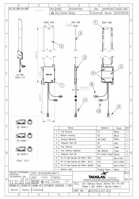Mechanical Drawing - Taoglas MA2330 3-in-1 Headliner Adhesive Antenna