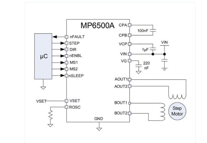 Application Circuit Diagram - Monolithic Power Systems (MPS) MP6500A 35V, 2.5A Stepper Motor Driver