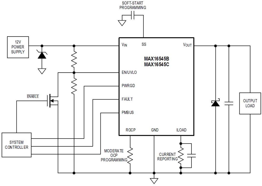 Application Circuit Diagram - Analog Devices / Maxim Integrated MAX16545B/MAX16545C Circuit-Breaker Protection IC