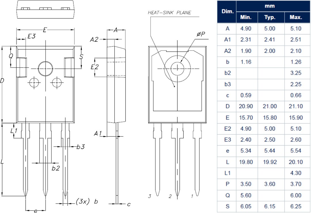 Mechanical Drawing - STMicroelectronics STWA70N65DM6 N-Channel 650V 68A Power MOSFET