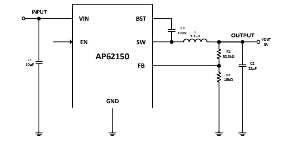 Application Circuit Diagram - Diodes Incorporated AP62150 Synchronous Buck Converter