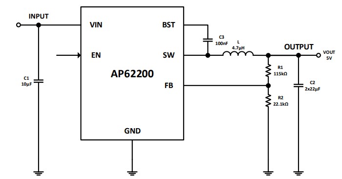 Application Circuit Diagram - Diodes Incorporated AP62200 Synchronous Buck Converter
