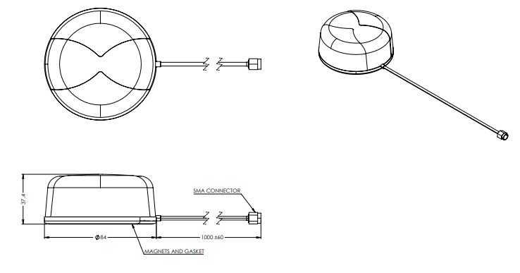 Mechanical Drawing - Maxtena M1590HCT-LP-MM Inmarsat Magnet Mount Antenna