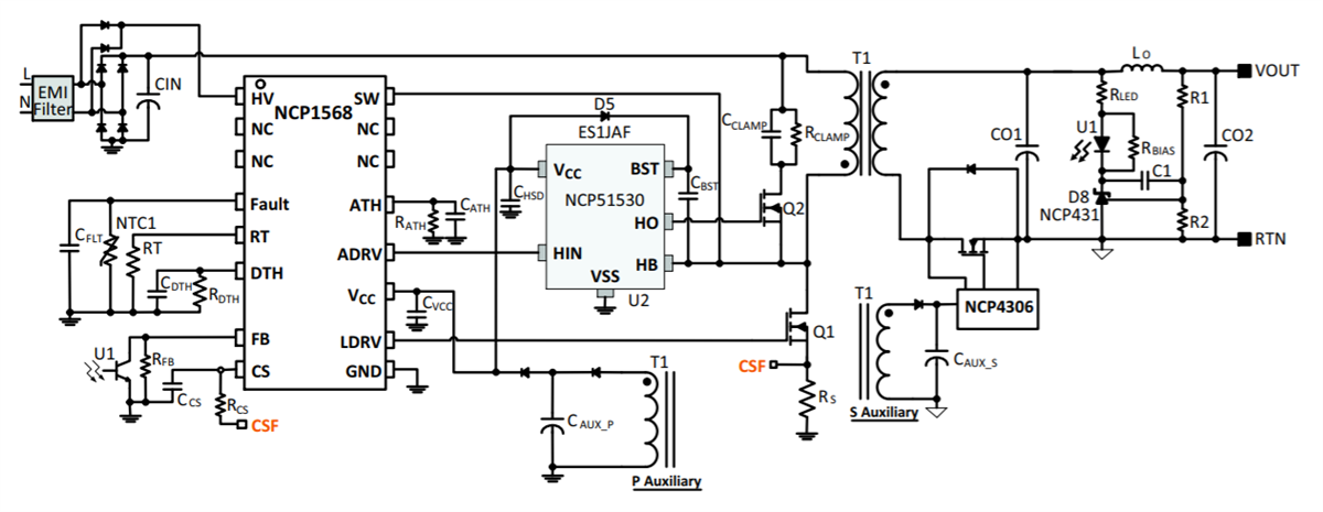 Application Circuit Diagram - onsemi NCP1568 AC-DC Active Clamp Flyback PWM Controllers