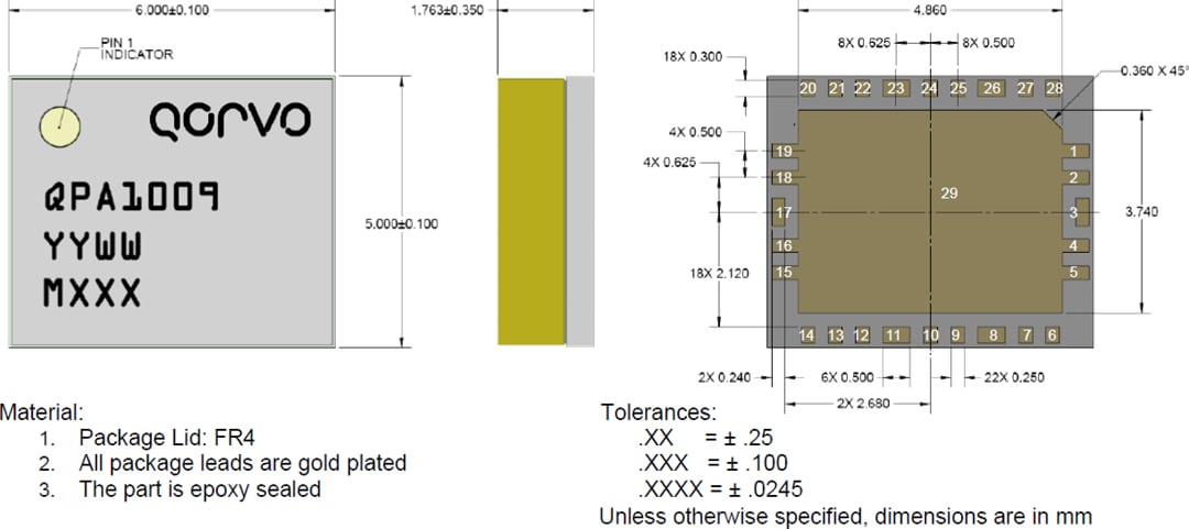 Mechanical Drawing - Qorvo QPA1009 17W Wideband GaN on SiC Power Amplifier