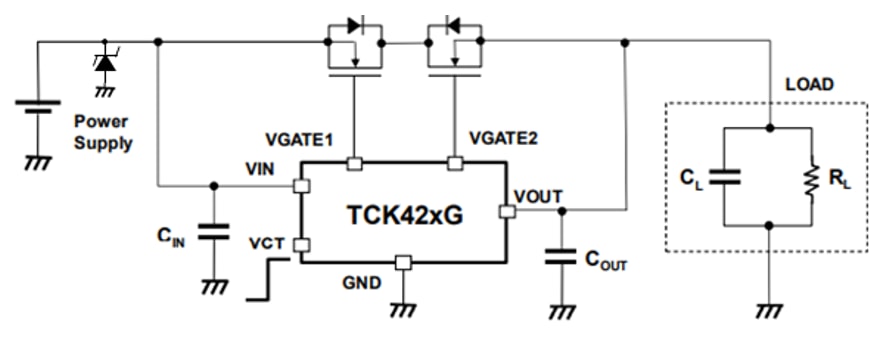 Application Circuit Diagram - Toshiba Gate Driver + MOSFET for 5V to 24V Line Power MUX