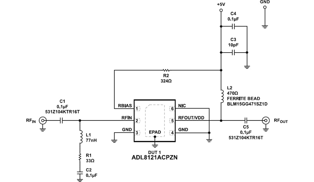 Application Circuit Diagram - Analog Devices Inc. ADL8121 GaAs pHEMT MMIC Low Noise Amplifier