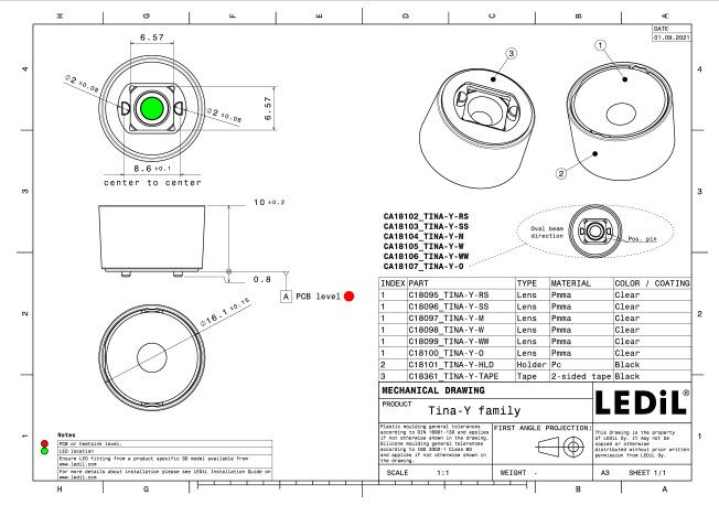 Mechanical Drawing - Ledil Tina-Y LED Lighting Lens Assemblies