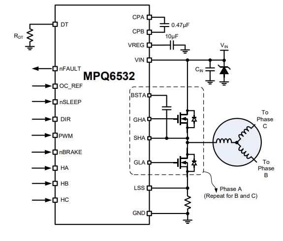 Application Circuit Diagram - Monolithic Power Systems (MPS) MPQ6532 Three-Phase Brushless DC Motor Pre-Drivers