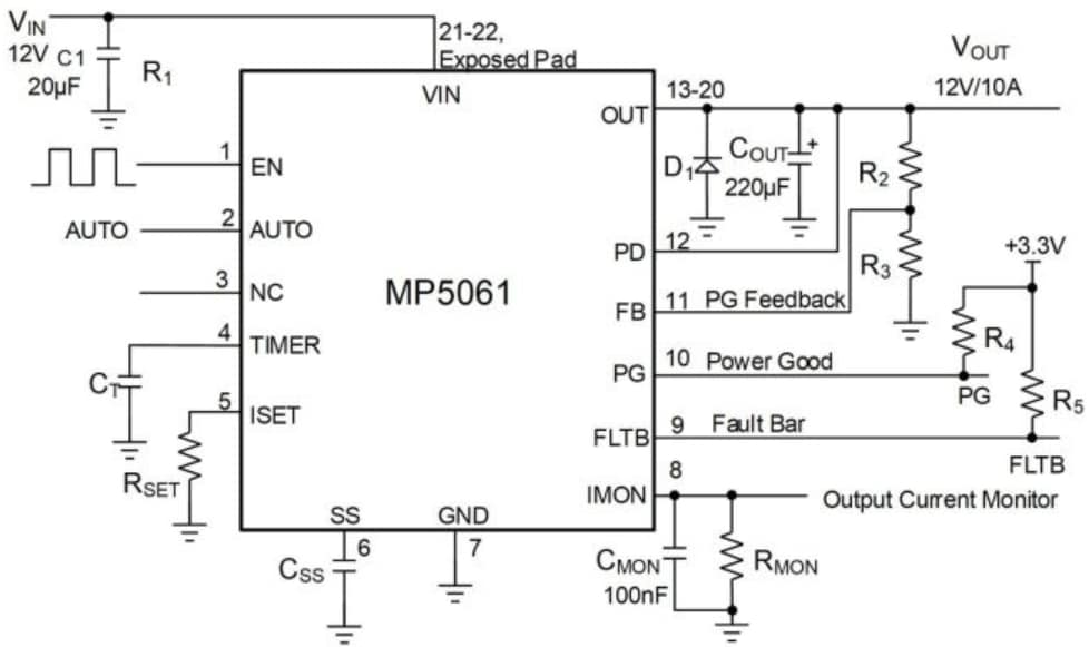 Application Circuit Diagram - Monolithic Power Systems (MPS) MP5061 Hot Swap Voltage Controllers