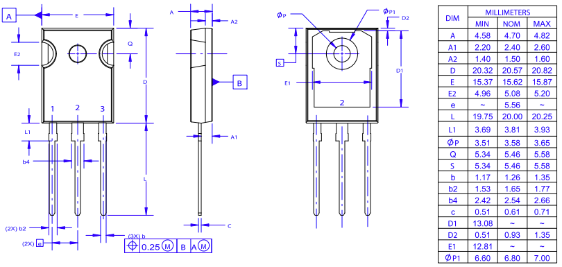 Mechanical Drawing - onsemi NVHL060N065SC1 EliteSiC MOSFET