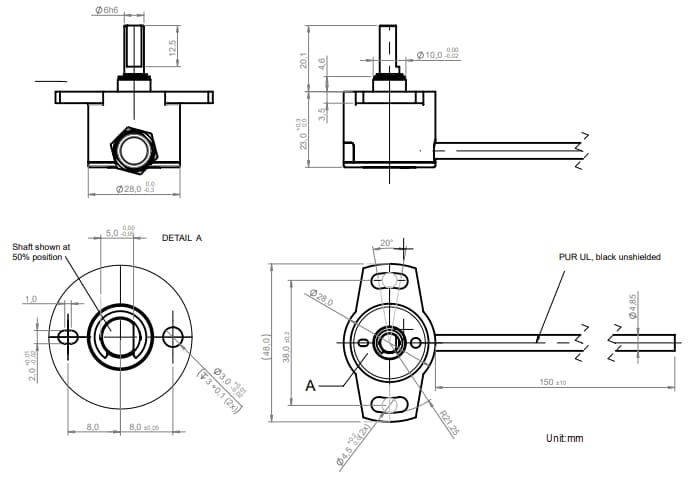 Mechanical Drawing - Amphenol Piher PSCR-360 High-Precision Rotary Sensors