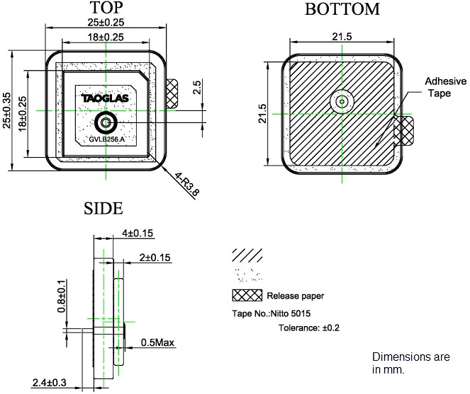 Mechanical Drawing - Taoglas GVLB256.A GPS/GLONASS/BeiDou Antenna