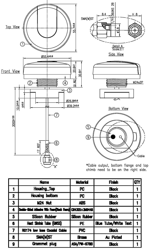 Mechanical Drawing - Taoglas A.30.B Ultima Heavy-Duty Antenna