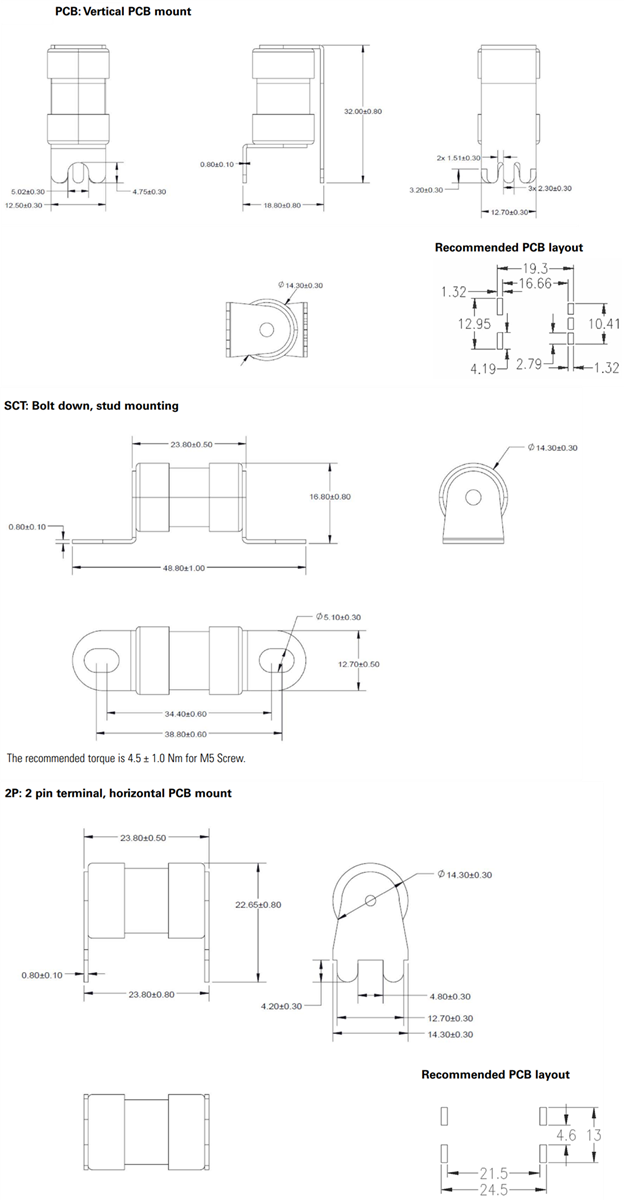 Mechanical Drawing - Eaton Electronics 14DE High Breaking Capacity Semiconductor Fuses