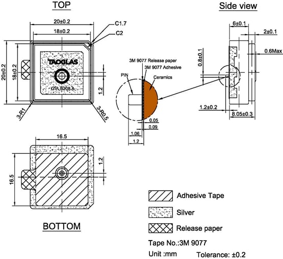 Mechanical Drawing - Taoglas GVLB208.A Single-Feed Stacked Patch Antenna